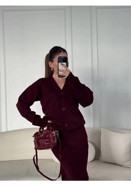 V Yaka 3 Düğmeli Hırka Takım Triko Ikili Etekli - Bordo