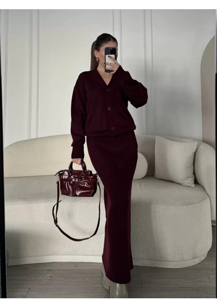 V Yaka 3 Düğmeli Hırka Takım Triko Ikili Etekli - Bordo fiyatları