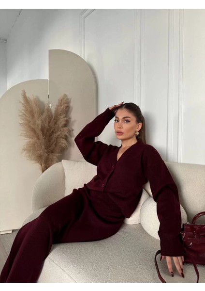 V Yaka 3 Düğmeli Hırka Takım Triko Ikili Etekli - Bordo modelleri