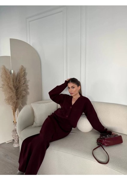 V Yaka 3 Düğmeli Hırka Takım Triko Ikili Etekli - Bordo fırsatları