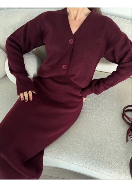 V Yaka 3 Düğmeli Hırka Takım Triko Ikili Etekli - Bordo indirimleri