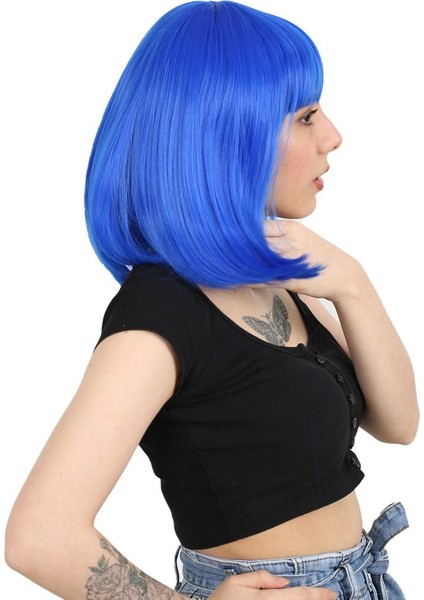 Küt Kahküllü Fiber Sentetik Peruk / Koyu Mavi fiyatları