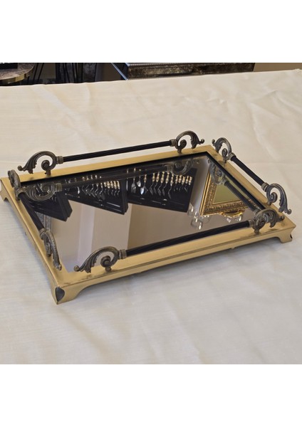 Dekoratif Aynalı Metal Tepsi 38X26 cm Antik