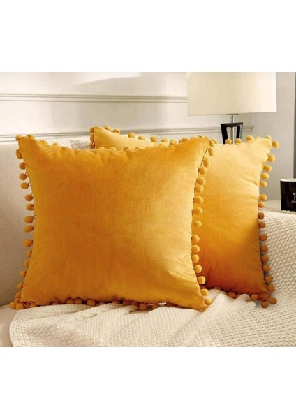 2'li Ponponlu Kırlent Kılıf Seti - Hardal - 40 x 40