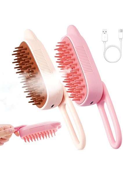 4 Adet Zampa Kedi Tasarımlı Saplı Buharlı Kedi Tarağı 6,5X19 Cm, Pembe, Bej