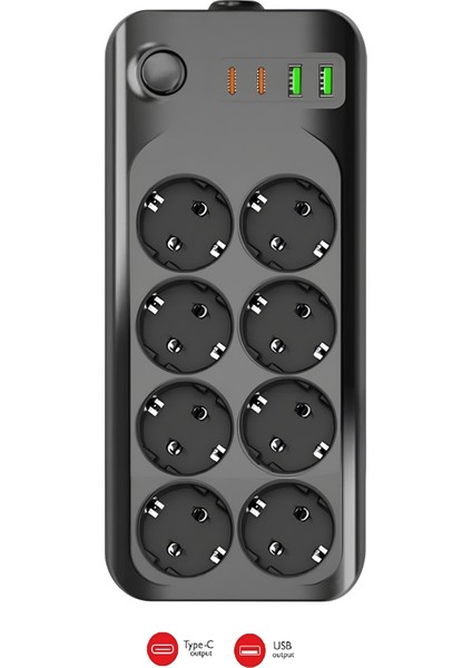 Termal Akım Korumalı USB ve Type-C 2.1A Şarj Çıkışlı 10A 2500W 8'li Uzatma Grup Priz 2 Metre 3422