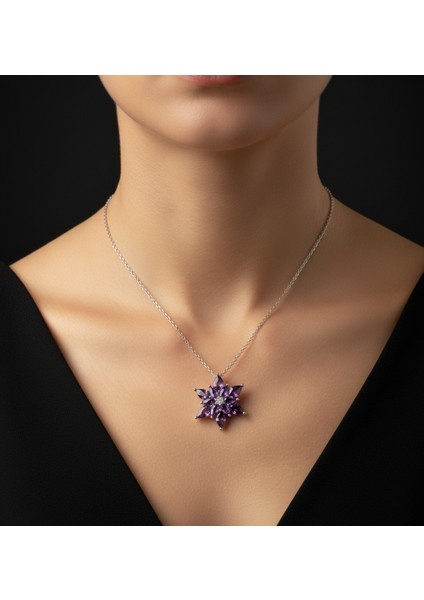 - 925 Ayar Gümüş Lotus Çiçeği Ametist Taşlı Kolye fiyatları