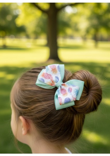 Desenli Mavi Mint Fiyonk Toka, El Yapımı Özel Gün Kurdele Çocuk Klipsli Son Trend Fiyonk Toka
