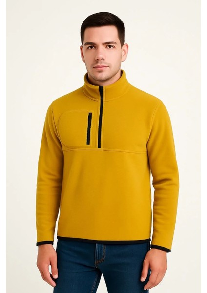 Erkek Polar Kazak – Dik Yaka, Yarım Fermuarlı, Fermuarlı Göğüs Cepli, Siyah Biyeli, Kışlık Rahat Regular Fit Günlük Model - Sarı modelleri