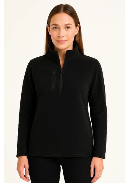 Kadın Polar Kazak – Dik Yaka, Yarım Fermuarlı, Fermuarlı Göğüs Cepli, Siyah Biyeli, Kışlık Rahat Regular Fit Günlük Model - Siyah fırsatları