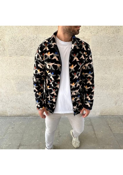 Erkek Tam Fermuarlı Desenli Polar Sweat – Siyah Multicolor Figür Desen Yakalı, Uzun Kollu, Oversize Rahat Kalıp- Siyah fırsatları