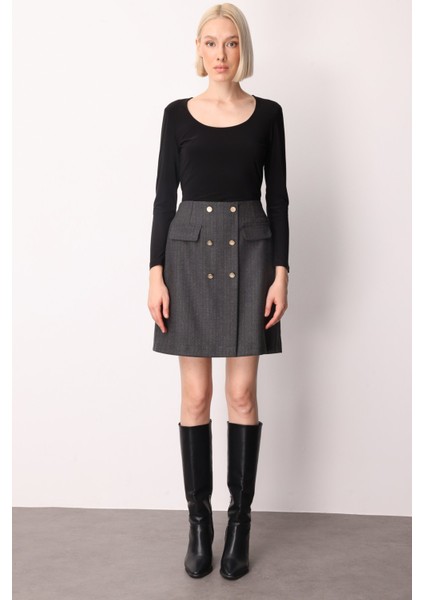 Kadın Beli Lastikli Süs Düğmeli Mini Etek 2019 Siyah