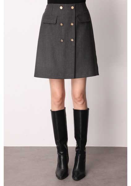 Kadın Beli Lastikli Süs Düğmeli Mini Etek 2019 Siyah modelleri