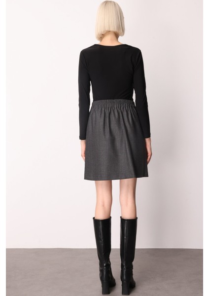 Kadın Beli Lastikli Süs Düğmeli Mini Etek 2019 Siyah fırsatları