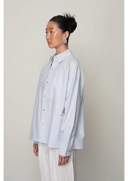 Kadın Mavi Çizgili Düğme Detaylı Gömlek fiyatları