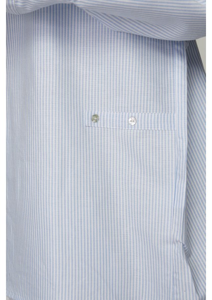 Kadın Mavi Çizgili Düğme Detaylı Gömlek modelleri