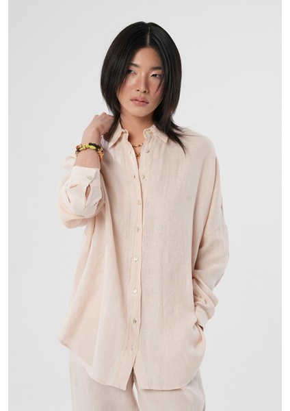 Kadın %100 Keten Yarasa Kol Düz Oversize Gömlek