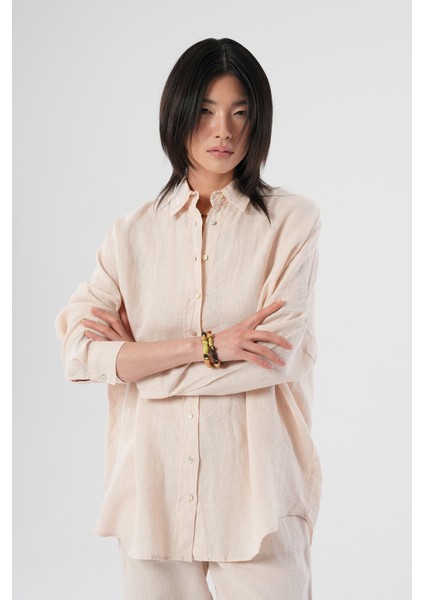 Kadın %100 Keten Yarasa Kol Düz Oversize Gömlek modelleri