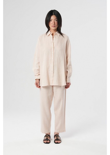 Kadın %100 Keten Yarasa Kol Düz Oversize Gömlek fırsatları