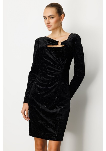 Kadın Önü Büzgülü Kadife Elbise 4035 Siyah fiyatları