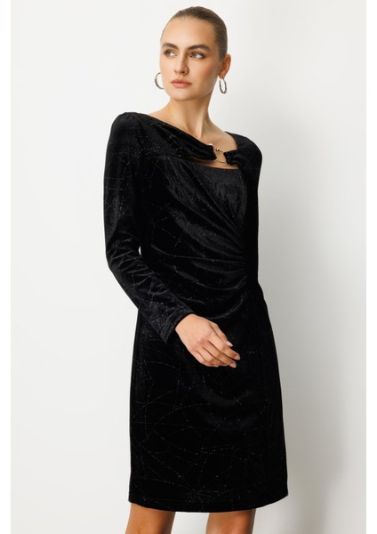 Kadın Önü Büzgülü Kadife Elbise 4035 Siyah modelleri