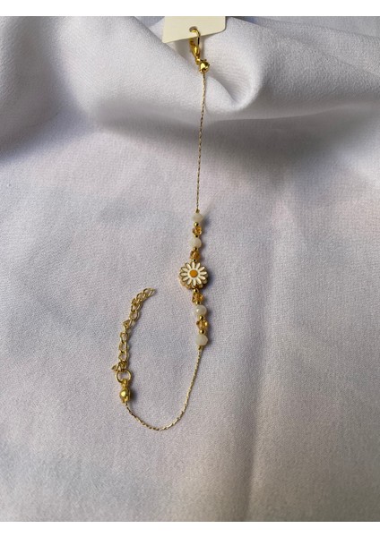 Gold Beyaz Taşlı Papatya Detaylı Bileklik