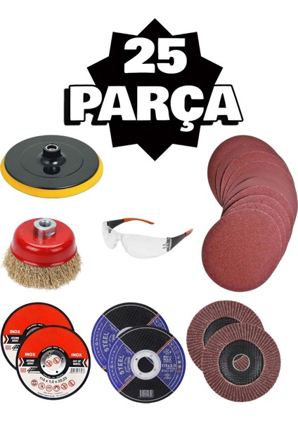 Avuç Taşlama Spiral Makinesi 115 mm Cırt Zımpara Flap Inox Metal Kesme Kesici Disk Seti 25 Parça