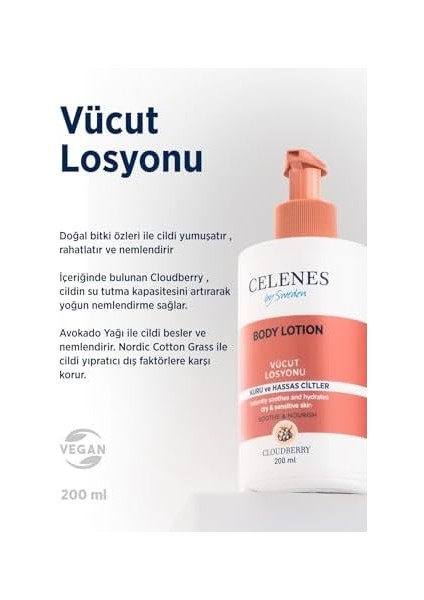 Celenes Cloudberry Vücut Losyonu Kuru/hassas Ciltler Parfümsüz (200 Ml)
