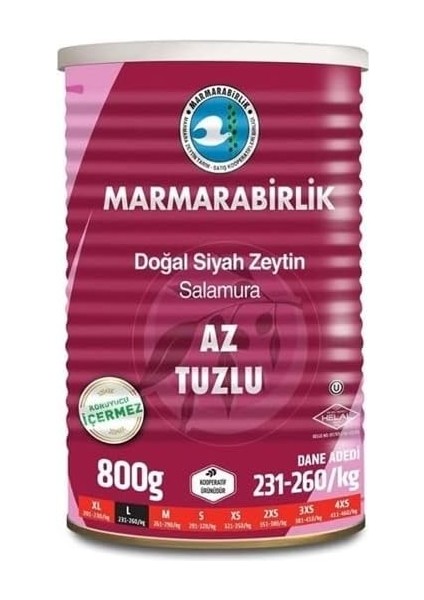 Marmarabirlik Az Tuzlu Salamura Siyah Zeytin Teneke (L) 800 gr