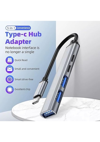 Type-C Hub Adaptör, 5 Port USB 3.0, Pd Şarj Destekli, Metal Kasa HB02 modelleri