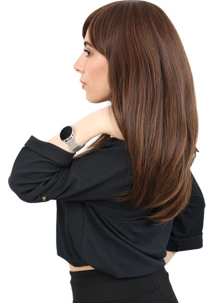 Düz Perçemli Orta Boy Fiber Sentetik Peruk - Kahve Karamel modelleri