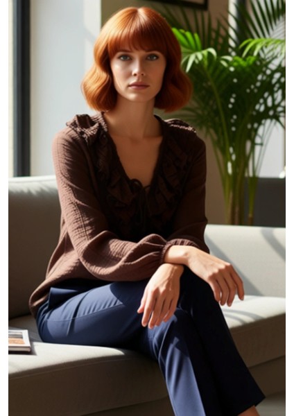 Kadın V Yaka Fırfırlı Uzun Kollu Aerobin Bluz Kaliteli Şık Rahat Modern Zarif Günlük fiyatları