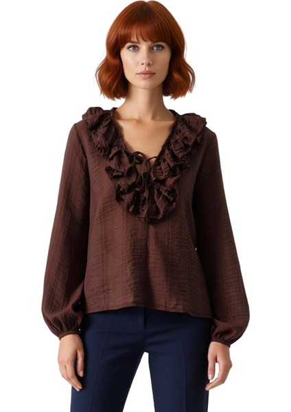 Kadın V Yaka Fırfırlı Uzun Kollu Aerobin Bluz Kaliteli Şık Rahat Modern Zarif Günlük modelleri