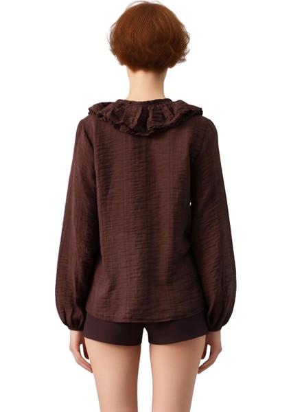 Kadın V Yaka Fırfırlı Uzun Kollu Aerobin Bluz Kaliteli Şık Rahat Modern Zarif Günlük fırsatları