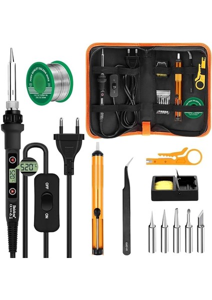 80 W Kalay Kaynakçı Kiti 13'ü 1 Arada Profesyonel Kaynakçı, Sıcaklık Ayarlanabilir 180 ℃ – 520 ℃, 5 Adet Uç, Kaynak Çözücü Pompa, Tutucu, Antistatik Pense, Lehim Teli