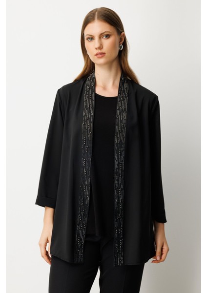 Kadın Büyük Beden Iç Atletli Yakası Taş Işlemeli Ceket 5981 Siyah