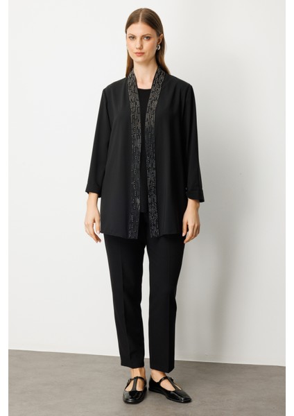 Kadın Büyük Beden Iç Atletli Yakası Taş Işlemeli Ceket 5981 Siyah modelleri