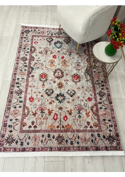 Bej Renk Vintage Eskitme Görünümlü Lateks Taban Halı