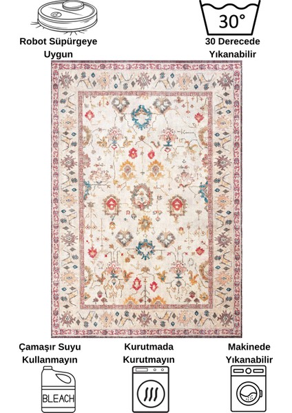 Bej Renk Vintage Eskitme Görünümlü Lateks Taban Halı