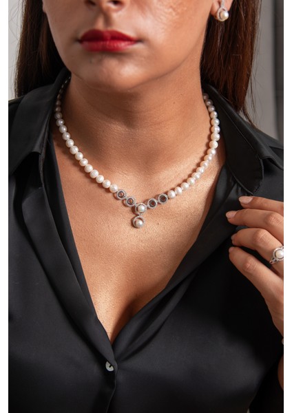 Yuvarlak Model 925 Ayar Gümüş Rodyum (Beyaz Altın) Kaplama Gerçek Inci Set