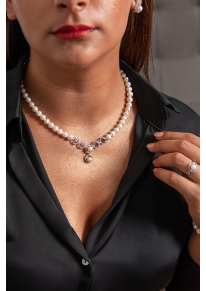 Yuvarlak Model 925 Ayar Gümüş Rodyum (Beyaz Altın) Kaplama Gerçek Inci Set fiyatları