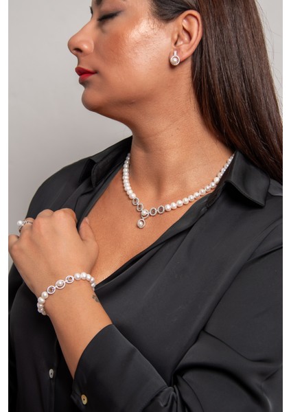 Yuvarlak Model 925 Ayar Gümüş Rodyum (Beyaz Altın) Kaplama Gerçek Inci Set fırsatları