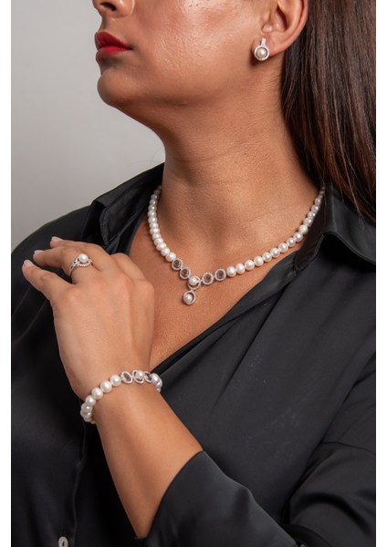 Yuvarlak Model 925 Ayar Gümüş Rodyum (Beyaz Altın) Kaplama Gerçek Inci Set indirimleri