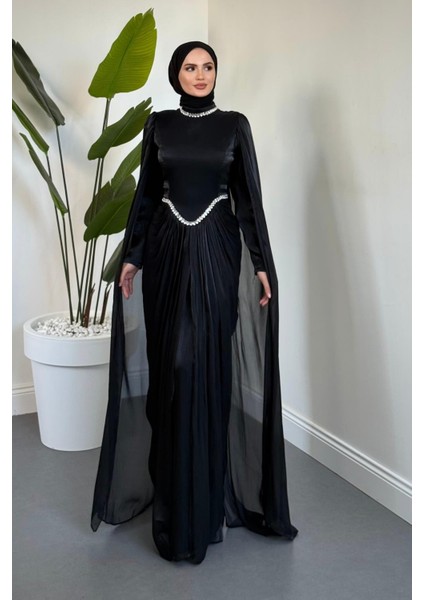 Maelis Beli ve Boynu Taşlı Abiye Siyah