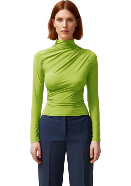 Kadın Moda Şık Üst Giyim Crop Dik Yaka Slim Kalıp Örme Büzgülü Kare Yaka Vücuda Oturan Esnek Bluz fiyatları