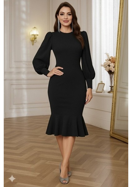 Kadın Uzun Kollu Yarı Balıkçı Yaka Etek Ucu Fırfır Detaylı Midi Ithal Krep Elbise modelleri