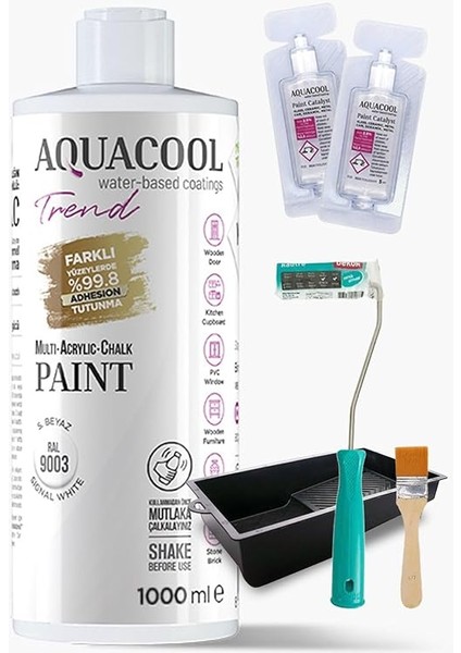 Trend Akrilik Hobi Boyama Seti 1000 Ml, 2 Adet Katalizör, Kadife Rulo 10 Cm, Boyacı Tavası, Ipek Fırça 9003 S. Beyaz