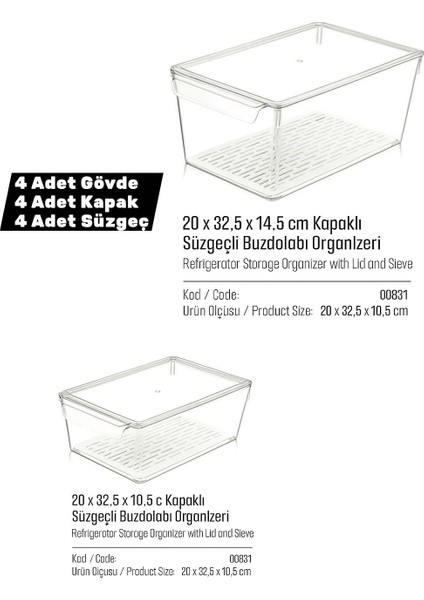 Lüks 4'lü Süzgeçli Kapaklı Buzdolabı Düzenleyici | Saklama Kabı | Dolap Içi Düzenleyici Organizer | Sebzelik Meyvelik | fırsatları