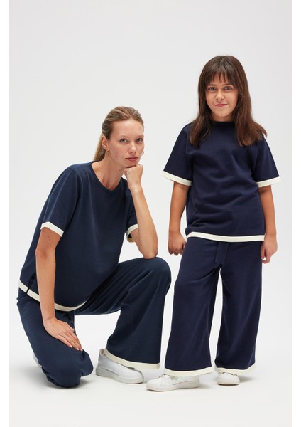 Rumi Kadın Beli Kemerli Triko Pantolon - Navy