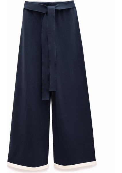 Rumi Kadın Beli Kemerli Triko Pantolon - Navy